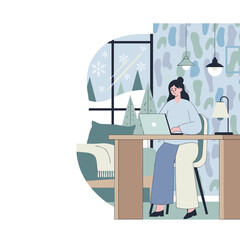 Remote work stress Young woman uses a laptop inside cozy home while snow falls outside