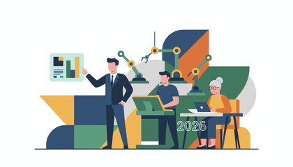 Future of work diverse team uses automation to analyze data for 2026 strategy and industrial planning