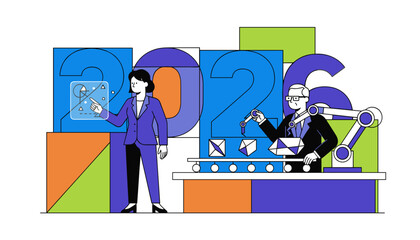 Business professionals managing technology and automation against a backdrop of the year 2026