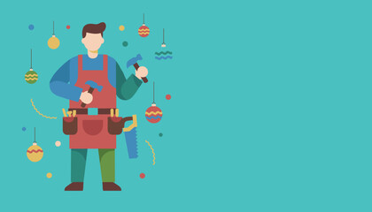 Festive handyman holding hammers and wearing a tool belt ready for Christmas DIY projects