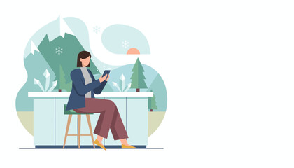 Woman using mobile phone in a modern space with an abstract winter mountain landscape view