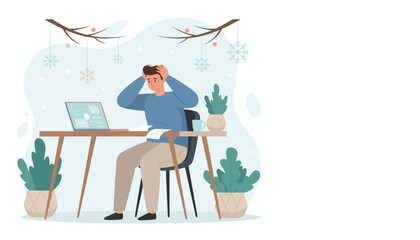 Overwhelmed man stressed about work or taxes while sitting at a desk decorated for winter holidays