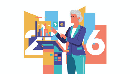 Businesswoman analyzes growth data and financial charts for 2026 planning