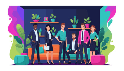 Diverse professional team smiling in a colorful modern office Business success and collaboration