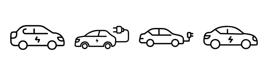 Fototapeta premium Set of four stylized hybrid car icons showing charging and power symbols for eco-friendly transport