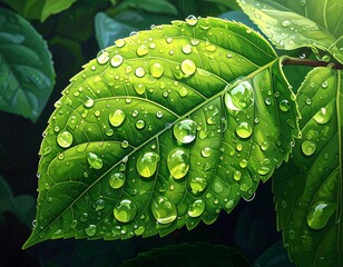A bright green leaf covered in shimmering water droplets, set against lush foliage