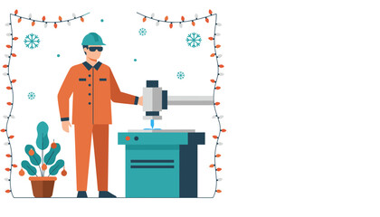 Essential worker operating machinery under festive holiday lights and snowflakes