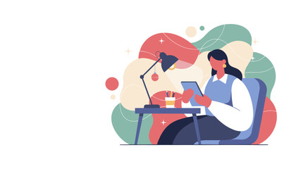 Focused woman working digitally at her desk during the holidays Freelance concept