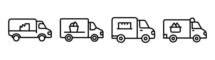 Fototapeta premium Set of four simple line drawing ice cream truck icons for food service