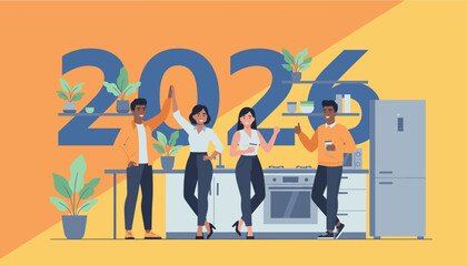 Team highfives celebrating goals in office kitchen against 2026 backdrop Business success concept