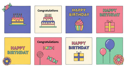 Colorful Birthday Card Collection Celebratory Cake, Cupcake, Gift, and Balloon Illustrations