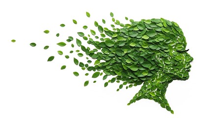 Green woman silhouette made of leaves, representing nature, ecology, and environmental awareness in a creative design
