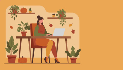 Remote work during autumn Woman using laptop in a cozy home office decorated with fall elements