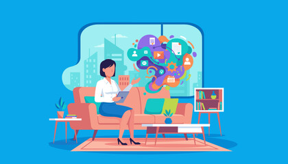 Businesswoman manages data and concepts via tablet in a modern office digital communication workflow