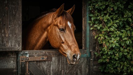 Fototapeta premium A horse peeking out from a stable window with green foliage beside it.
