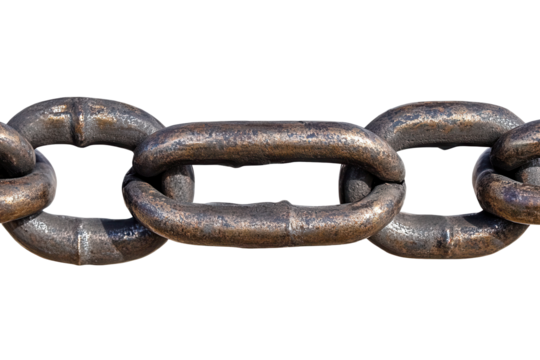 Broken metal chain link isolated on a transparent background showcasing wear and tear from use or external factors