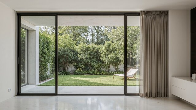 A modern room with large glass sliding doors opening to a lush green outdoor garden and patio.