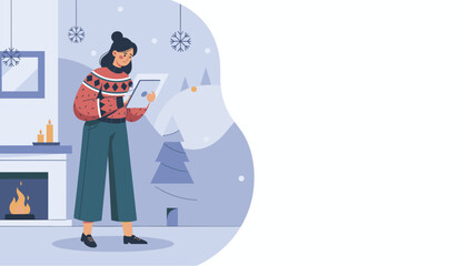 Concerned woman works on a tablet device in a cozy room during the winter holidays