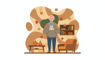 Happy senior man using a mobile phone at home during autumn Digital technology for elderly
