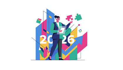 Businesswoman developing strategy and planning success for 2026 with growth charts and puzzles