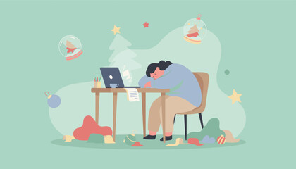Burnout during the holidays Woman asleep at desk working late near laptop and Xmas decorations