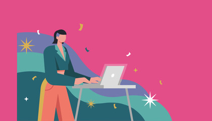 Successful businesswoman working on laptop celebrating achievement with stars and confetti