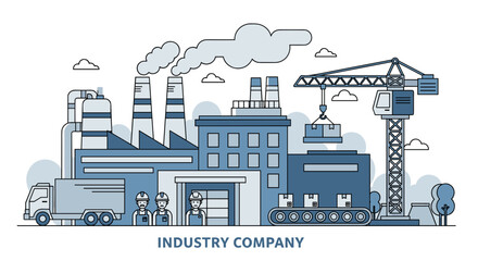 Line art illustration of industrial complex factory workers production crane and logistics