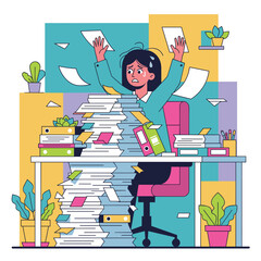 Anxious office worker drowning in piles of papers Stress workload and deadline concept