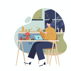 Cozy holiday shopping woman buying Christmas gifts online with credit card