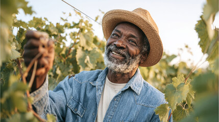 Fototapeta premium Happy mature farmer working in his organic vineyard, overseeing grape cultivation and enjoying healthy rural life