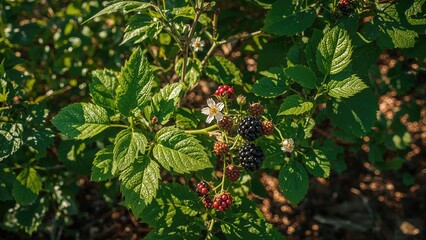 Healthy blackberry plant with ripe and unripe berries and white flowers in sunlight.