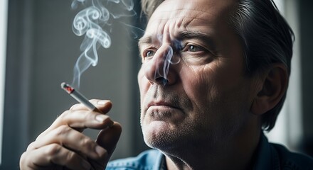 Obraz premium A contemplative man is smoking a cigarette, his face etched with worry and concern as he grapples with the challenges and stresses of life