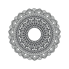 Intricate black and white mandala design with radial symmetry and geometric patterns. Floral ornament vector design on white background.