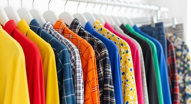 A colorful array of shirts hangs neatly on a rack, showcasing a diverse collection of clothing options for various styles and preferences