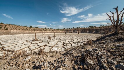 Dry land in an arid area with cracked soil, dead trees, and a barren landscape under a partly cloudy sky.