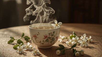 Steaming hot beverage in a floral patterned cup with white flowers and green leaves, placed on a wooden surface. The aroma and warmth evoke comfort and relaxation.
