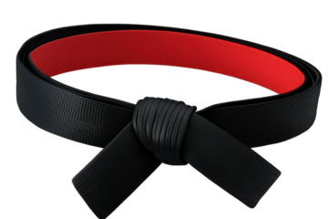 Karate black belt with red lining displayed against transparent background showcasing martial arts achievement and dedication to training and discipline