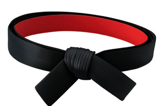 Karate black belt with red lining displayed against transparent background showcasing martial arts achievement and dedication to training and discipline