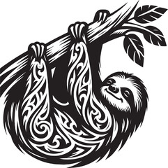 Naklejka premium Artistic Illustration of a Sloth Hanging from a Tree Branch in B