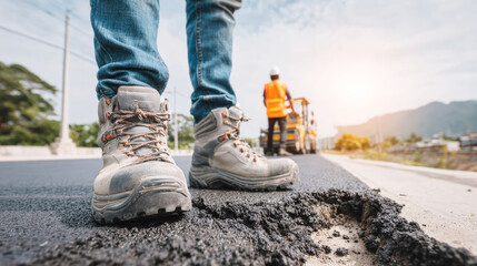 Worker standing on newly laid asphalt, observing road construction progress with heavy machinery and another worker in the background