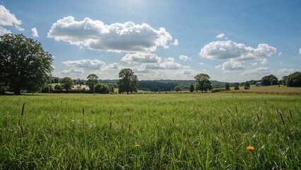 Open grassy field under a partly cloudy sky with trees and distant landscape.