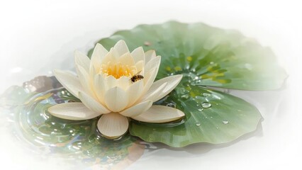 A white lotus flower on green lily pads with water droplets. Nature and aquatic plant, peaceful scenery. The concept of tranquility and natural beauty.