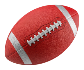 Vibrant Red American Football Isolated on White Background with White Laces and Silver Stripes - High-Contrast Sports Equipment Still Life