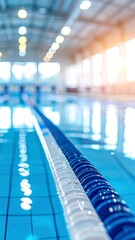 A bright indoor swimming pool with lane dividers stretching into the distance