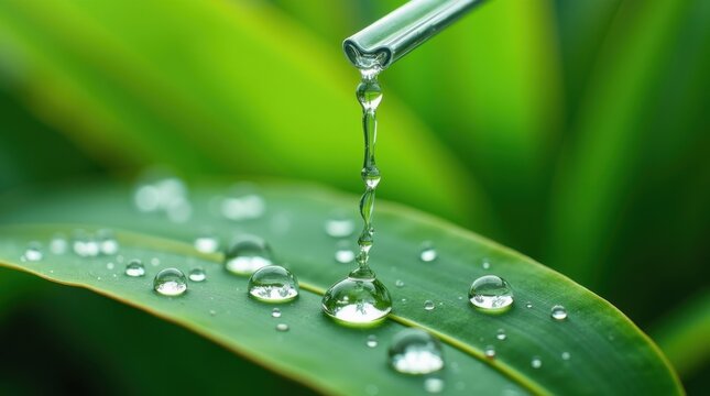 Water droplet falling onto a vibrant green leaf with dew drops
