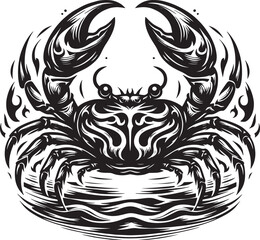 Detailed black and white crab illustration with artistic tribal