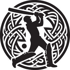 Fototapeta premium Silhouette of a Cricket Player Swinging a Bat with Intricate Cel