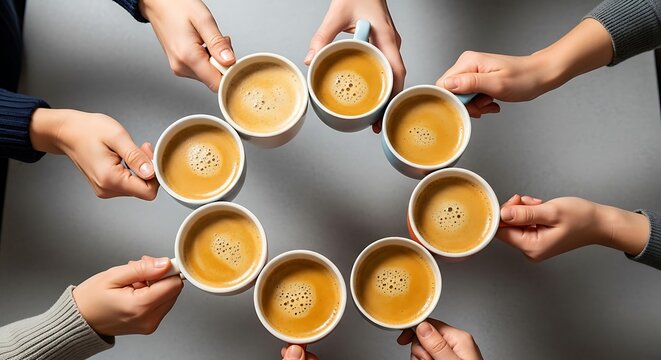 A circle of people holding cups of coffee in their hands, enjoying a social gathering and a warm beverage together in a friendly atmosphere