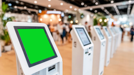 Interactive kiosk featuring a customizable green screen, providing self service solutions and digital information in a busy retail environment