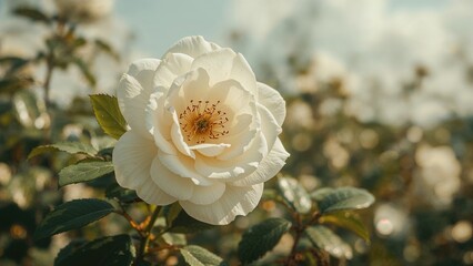 White flower bloom with green leaves and sunlight in natural setting.